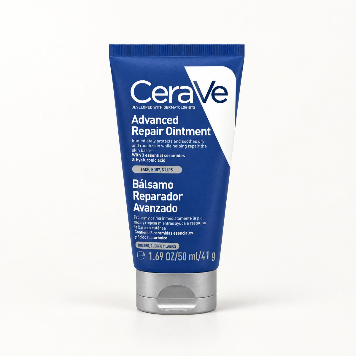 Tubo azul con tapa plateada del bálsamo reparador avanzado CeraVe de 50 ml con etiqueta bilingüe