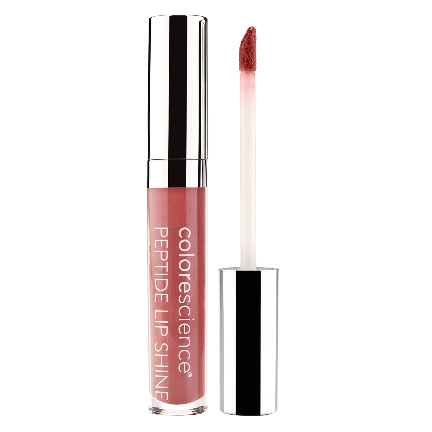 Brillo labial Peptide Lip Shine Coral SPF 35 de Colorescience con protección solar y un toque de color rosado.