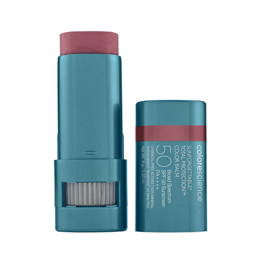 Bálsamo Colorescience Color Balm SPF 50 con color Berry y protección solar mineral.