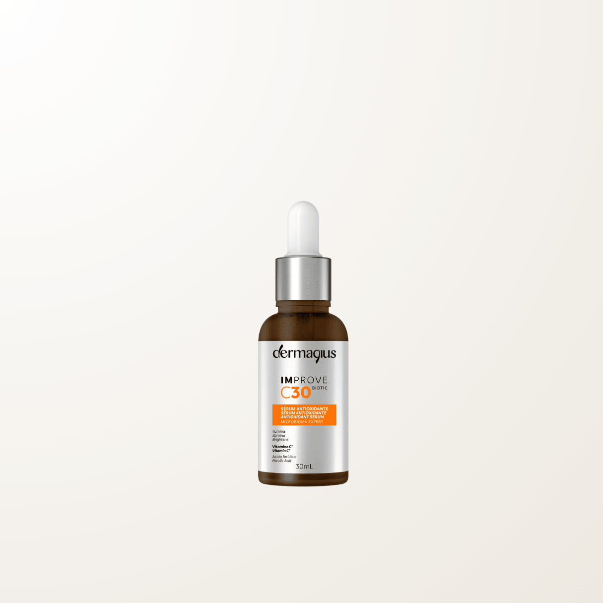 Frasco del Improve C30 Biotic Sérum Antioxidante de Dermagius con vitamina C nano al 30%, ácido ferúlico y prebióticos para luminosidad y firmeza.