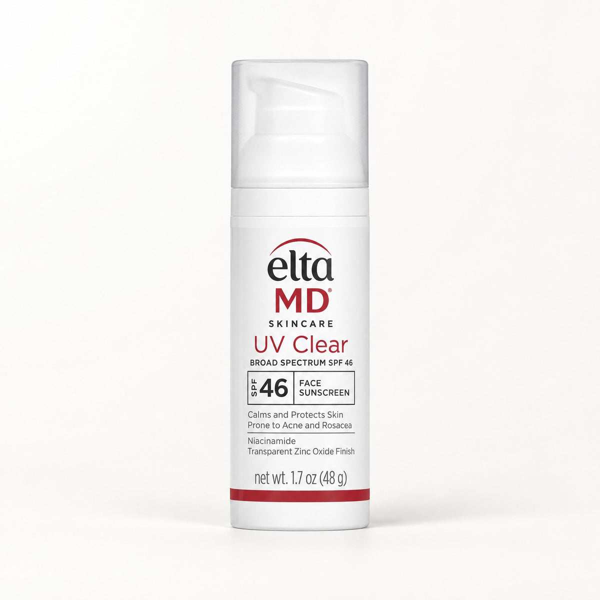 Frasco blanco con bomba y banda roja del protector solar EltaMD UV Clear SPF 46 de 48 g