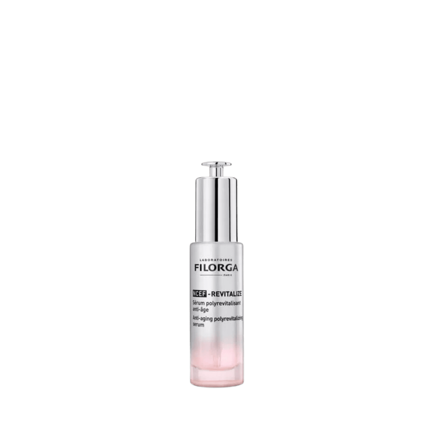 Sérum Filorga NCEF-REVITALIZE. Envase blanco y plateado con pipeta