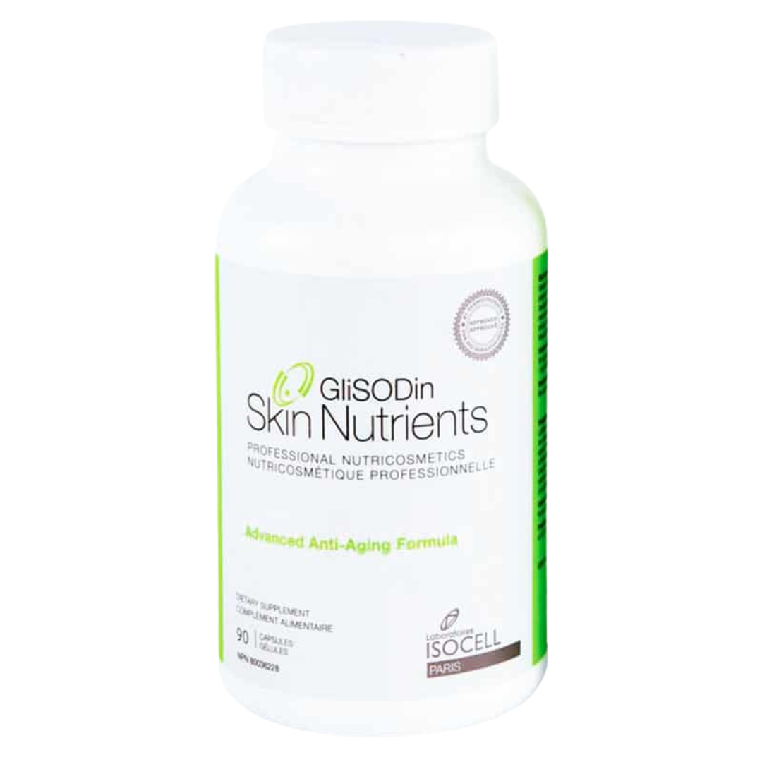 Suplemento oral antiedad GliSODin Anti-Aging con 90 cápsulas ácido hialurónico, coenzima Q10 y astaxantina.
