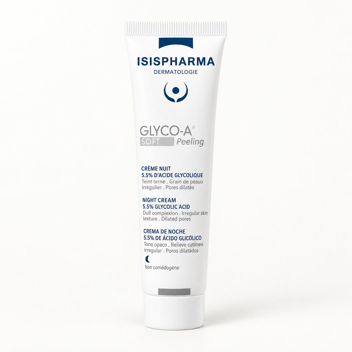 Tubo blanco con banda azul marino y etiqueta gris, Isispharma Glyco-A Soft Peeling
