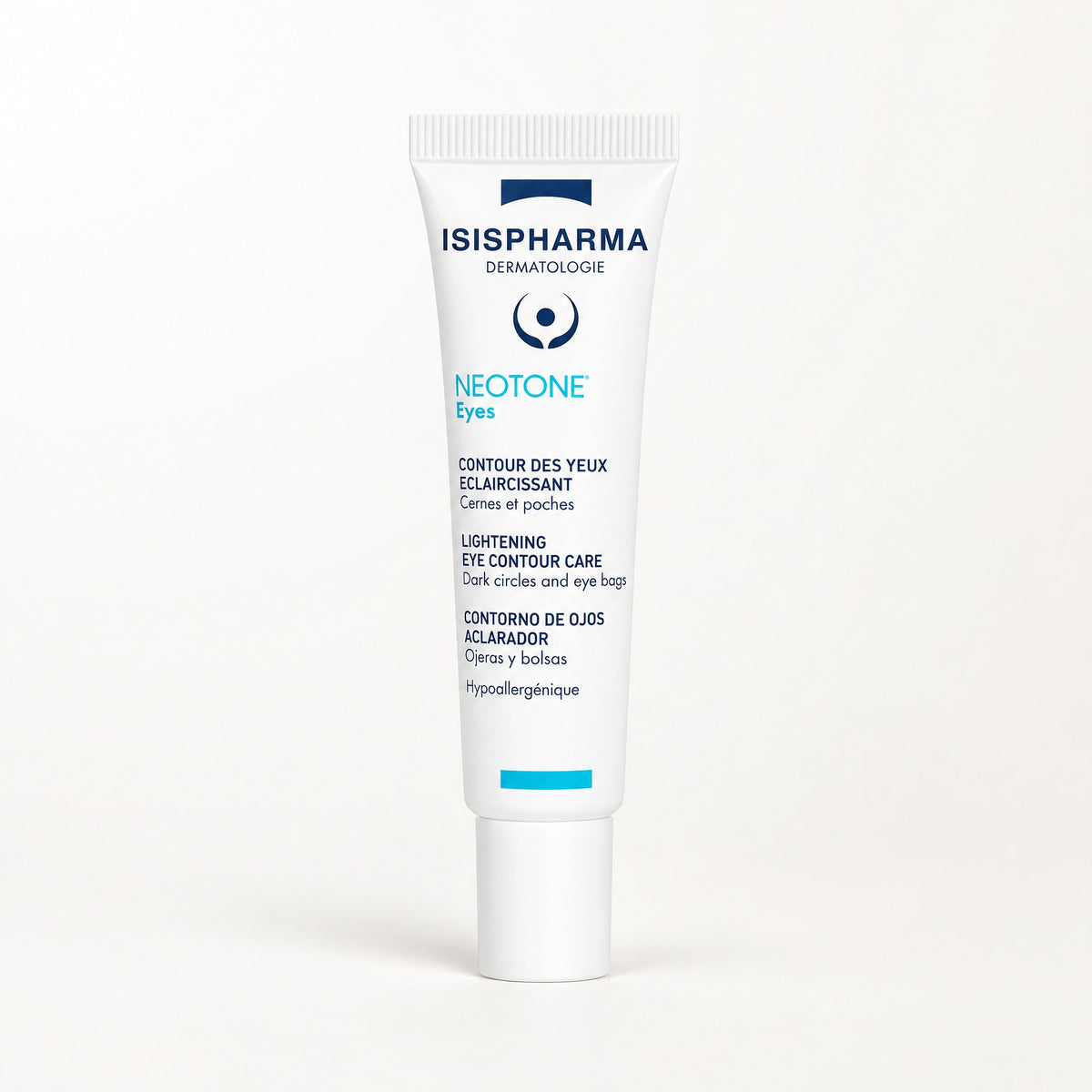 Tubo blanco delgado con línea turquesa del contorno de ojos ISISPHARMA Neotone Eyes 15 ml