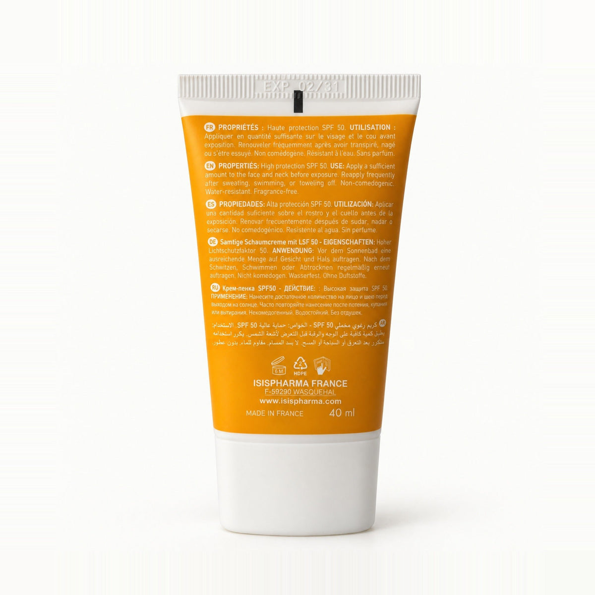 Reverso del tubo naranja con propiedades en seis idiomas, Uveblock SPF 50 Velvet crema mousse 40 ml Isispharma