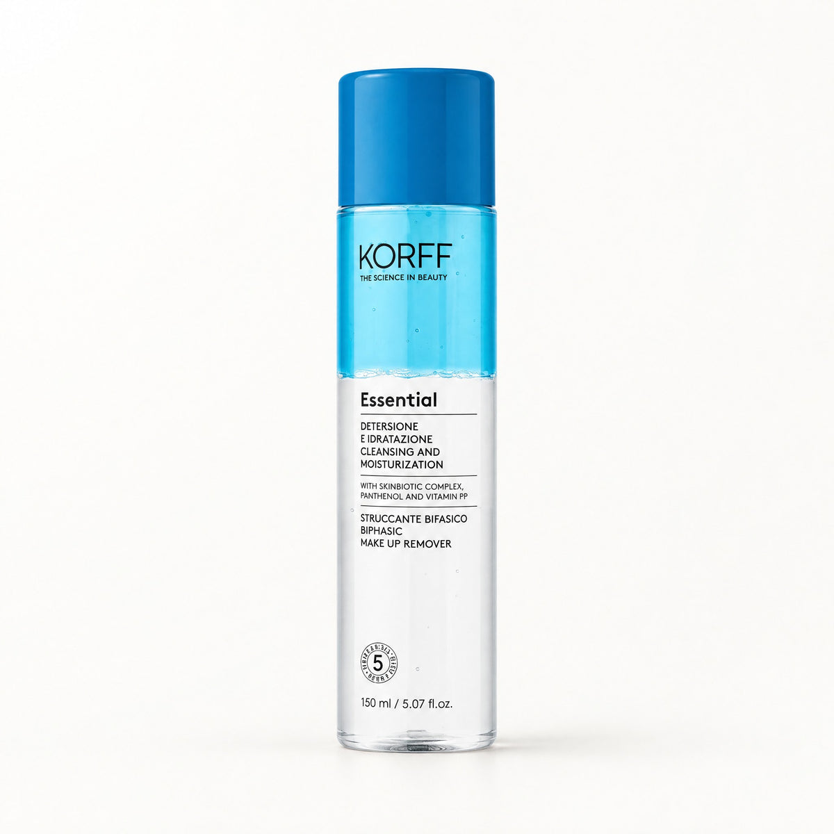 Botella bifásica azul y transparente de Korff Essential, desmaquillante bifásico 150 ml
