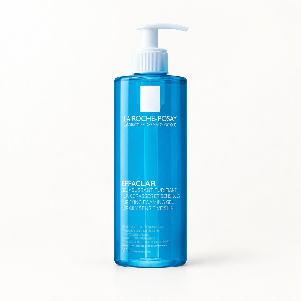 Botella azul translúcida con bomba blanca, La Roche-Posay Effaclar Gel Limpiador Purificante Plus 400 ml