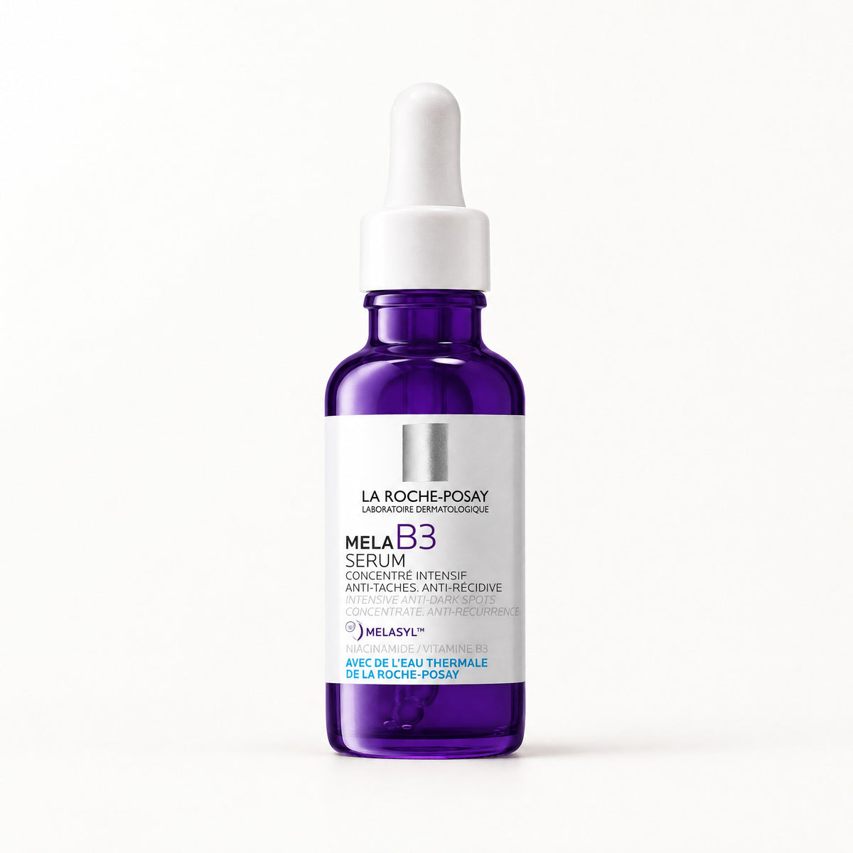 Frasco gotero de vidrio morado con etiqueta blanca, La Roche-Posay Mela B3 Serum