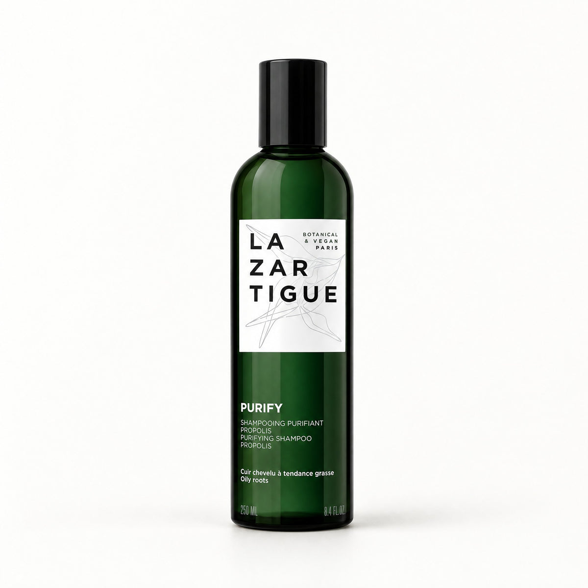 Botella de vidrio verde con tapa negra y etiqueta blanca, Lazartigue Purify shampoo purificante 250 ml