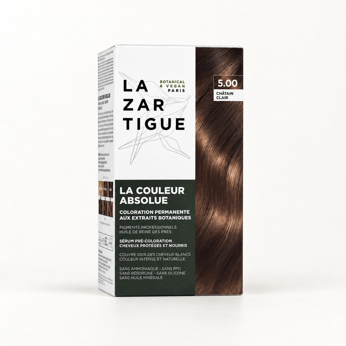 Caja blanca y gris oscuro con mechón castaño claro, Tinte La Couleur Absolue 5.00 Castaño Claro