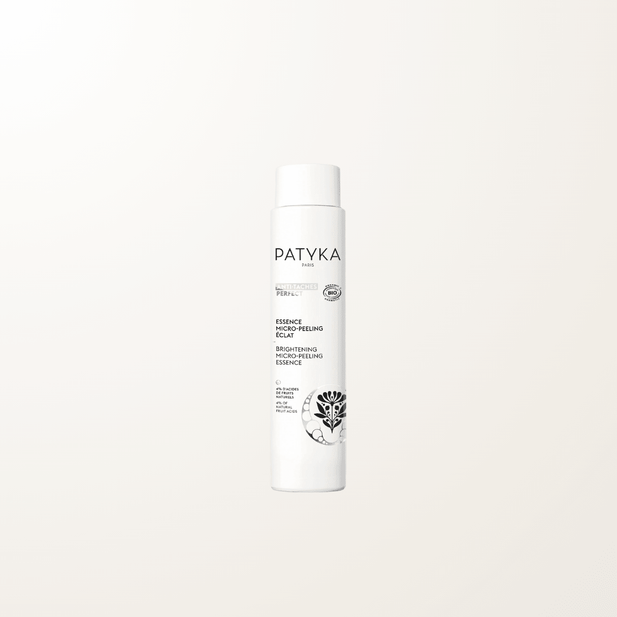 Frasco de la Esencia Micro-Peeling Luminosidad de Patyka con textura fluida gelificada, tratamiento nocturno antimanchas certificado COSMOS Organic.