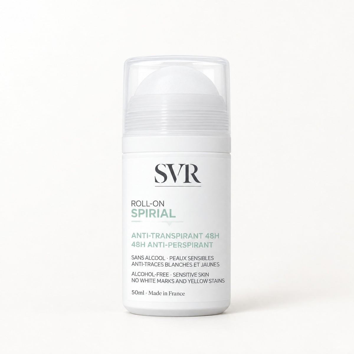 Roll-on blanco con tapa transparente, etiqueta SVR Roll-On Spirial antitranspirante 48H, 50 ml