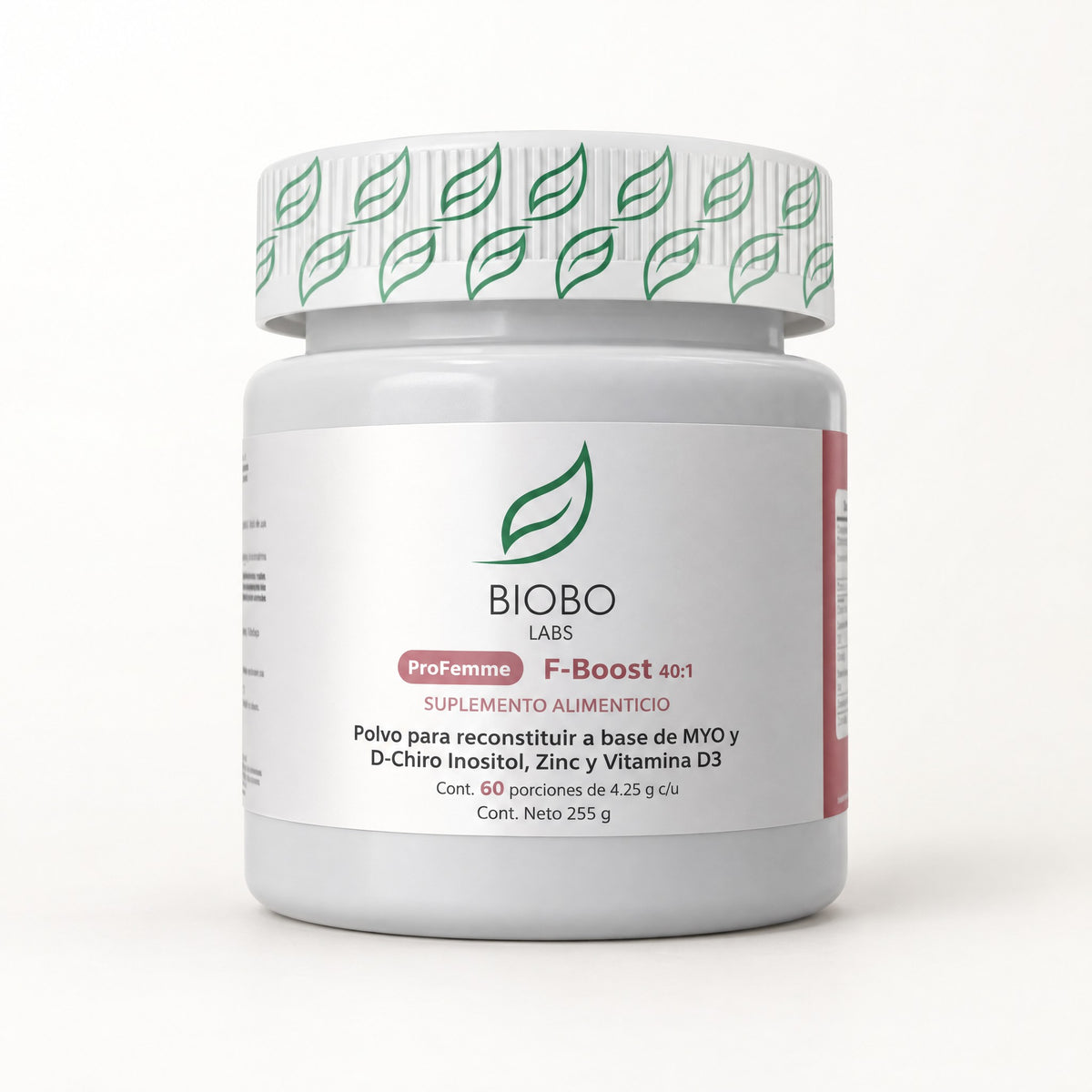 Bote blanco con tapa de hojas verdes del suplemento ProFemme F-Boost 40:1 de Biobo Labs