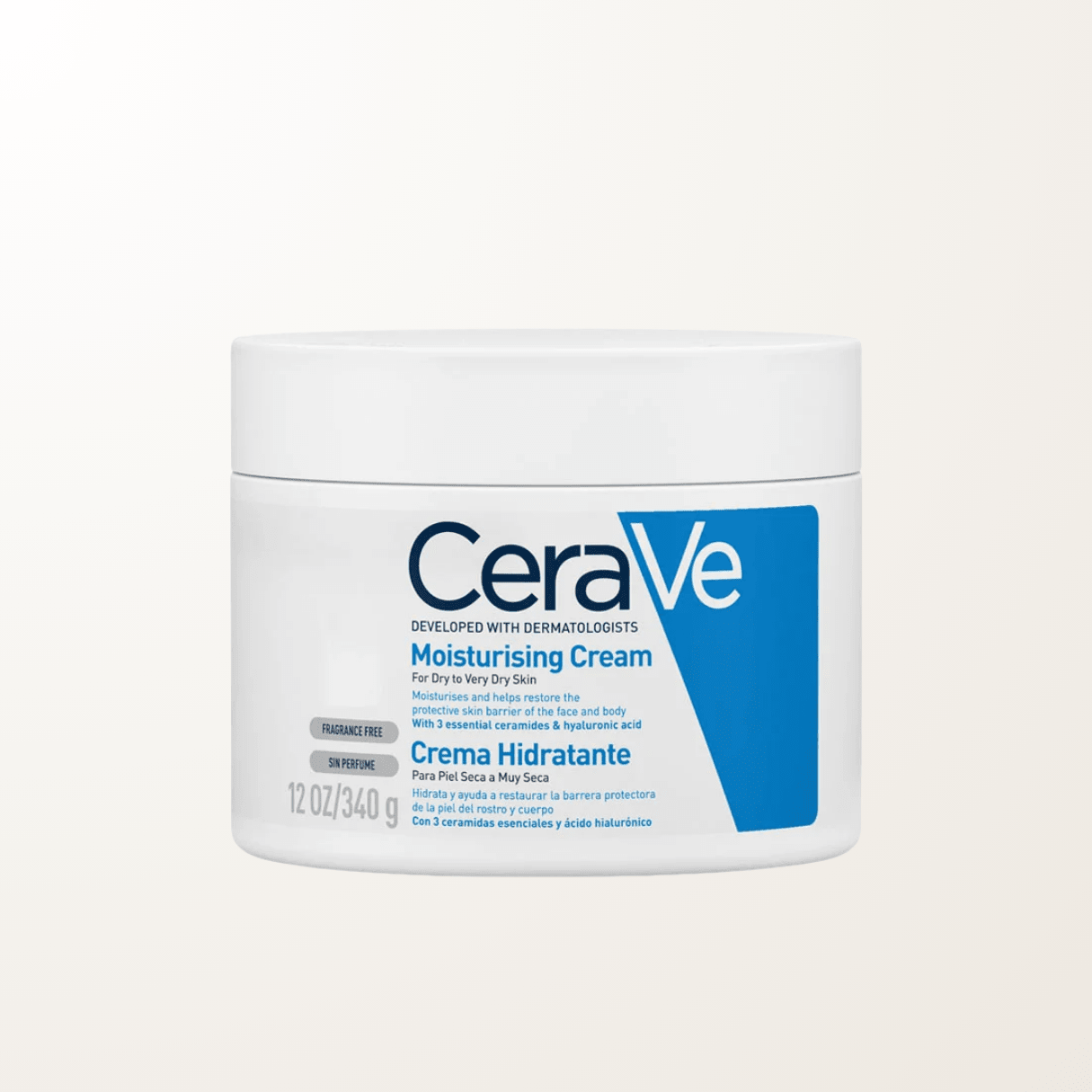 Tarro blanco de CeraVe Crema Hidratante con ceramidas y ácido hialurónico para piel seca 