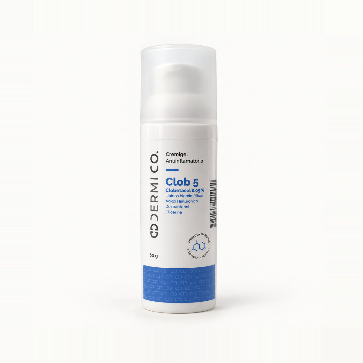 Dispensador blanco con tapa translúcida y banda azul, Clob 5 Cremigel Clobetasol 0.05 % de Dermico 60 g