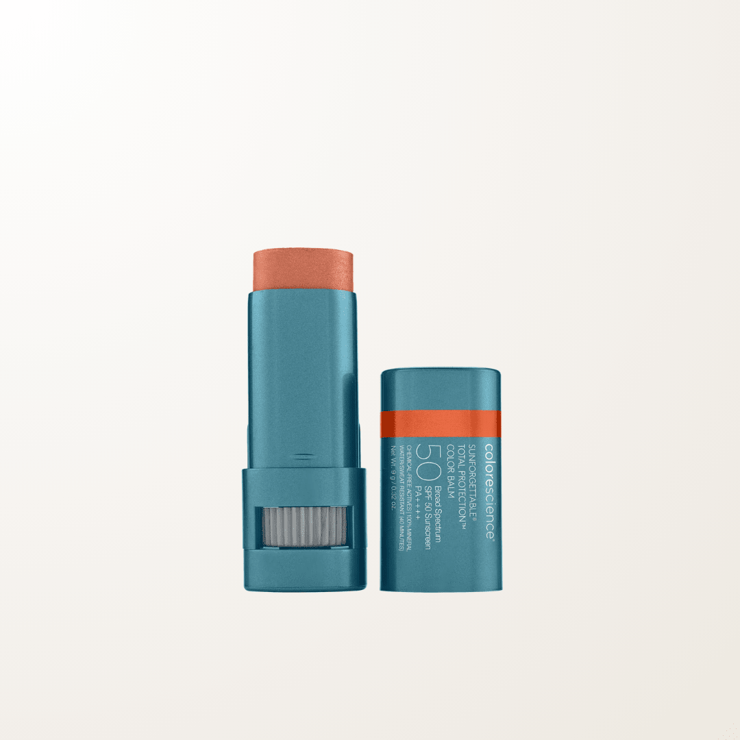 Bálsamo mineral Colorescience tono Golden Hour con protección SPF 50 para labios y mejillas.