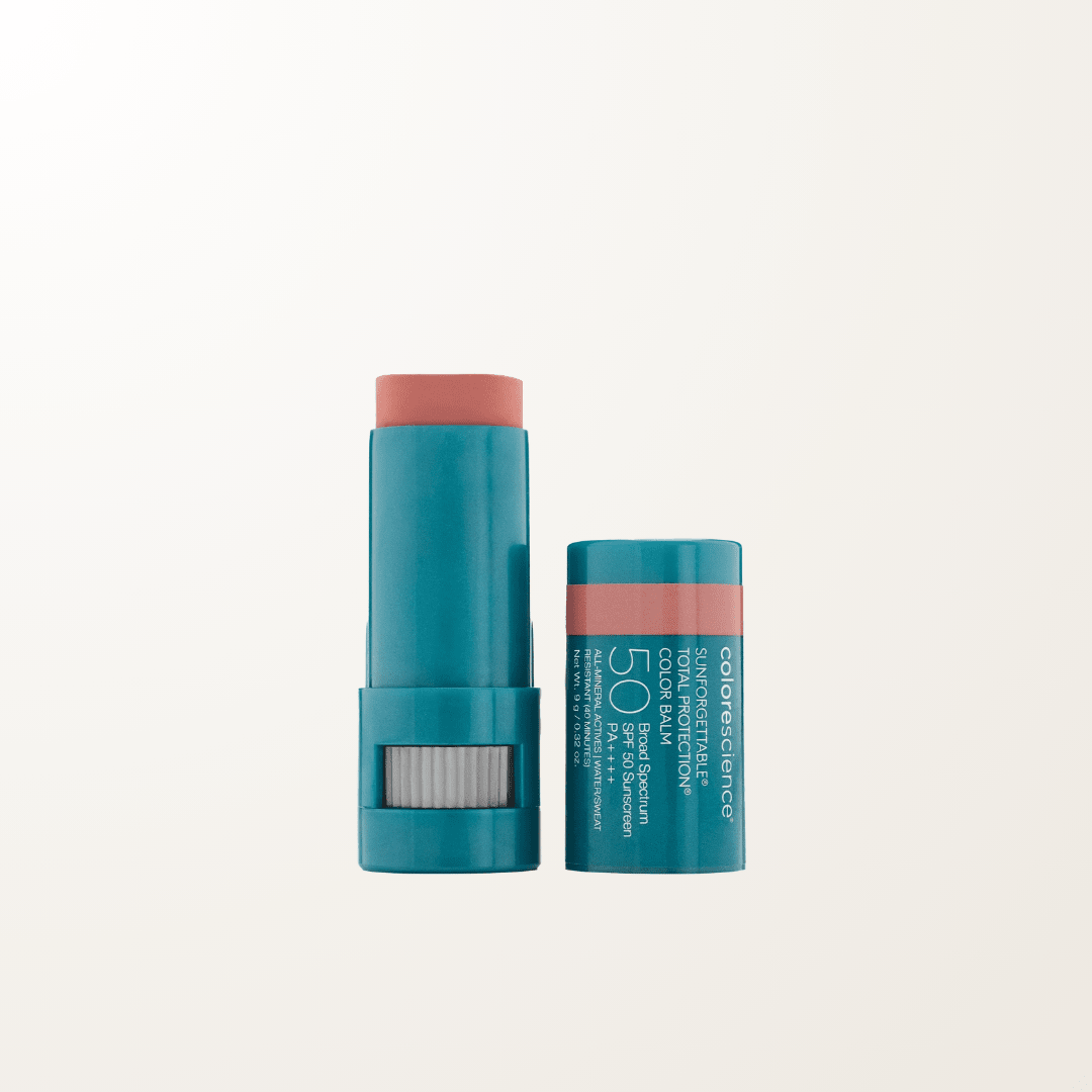 Bálsamo mineral Colorescience tono Savanna con protección SPF 50 para labios y mejillas.