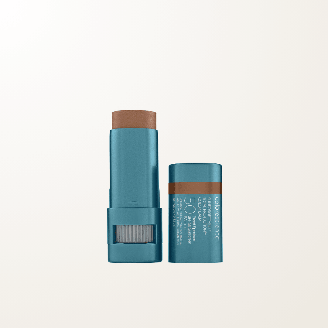 Bálsamo mineral Colorescience tono Bronze con protección SPF 50 para labios y mejillas.