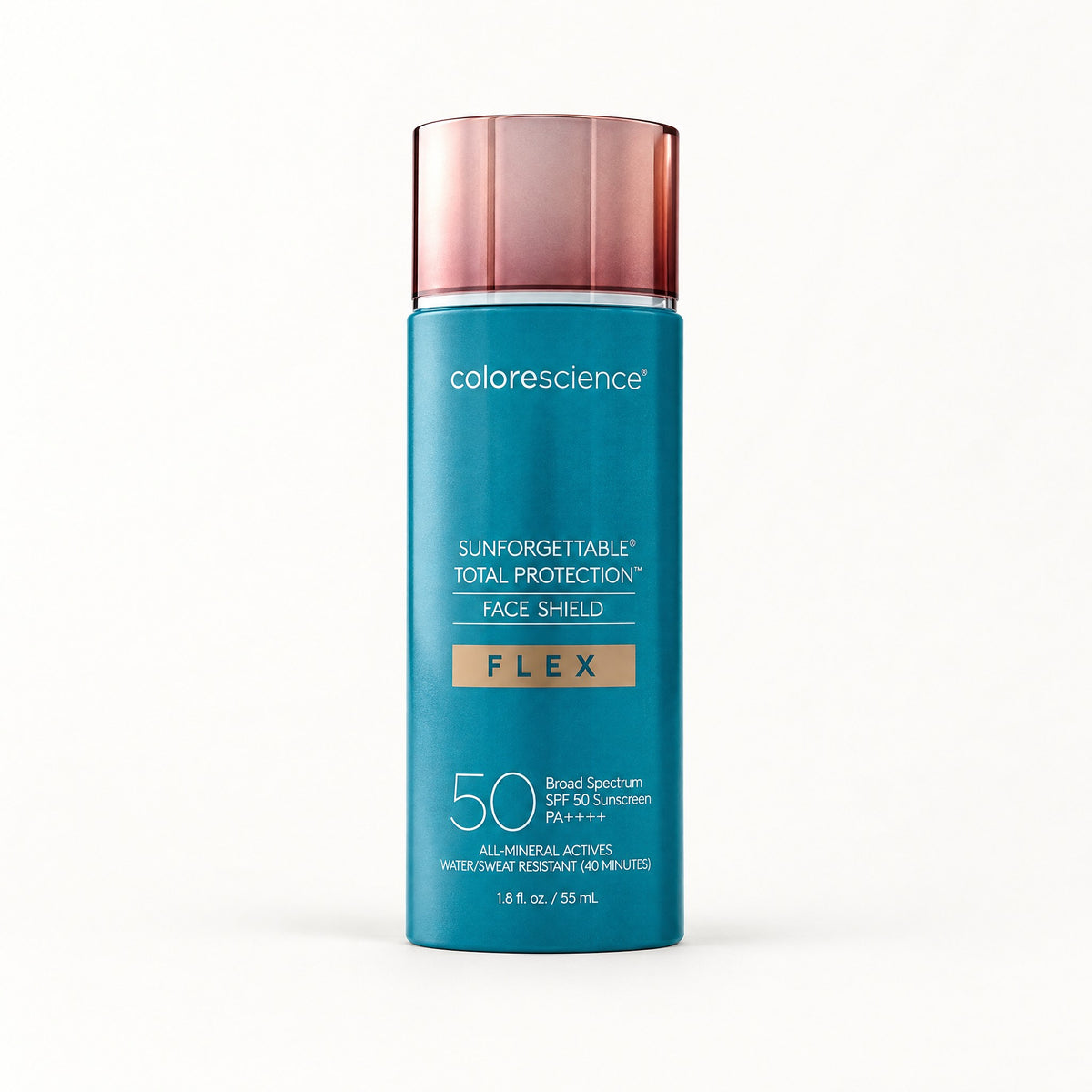 Botella azul con tapa cobre, Colorescience Sunforgettable Face Shield Flex SPF 50 55 ml