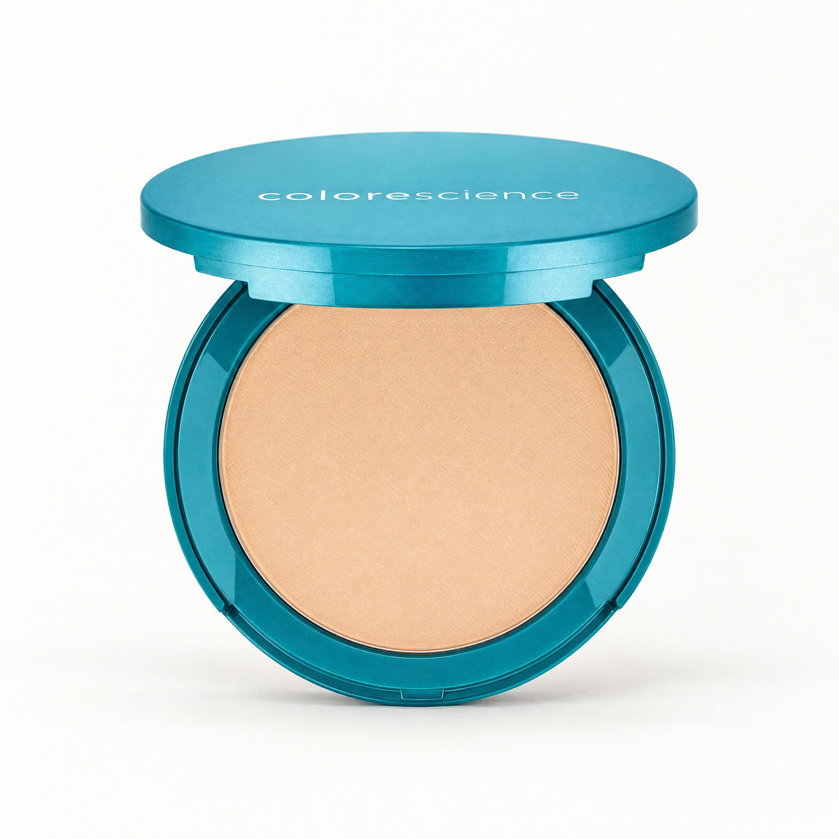 Polvo compacto abierto en estuche azul, Colorescience Natural Finish Mineral Foundation SPF 20
