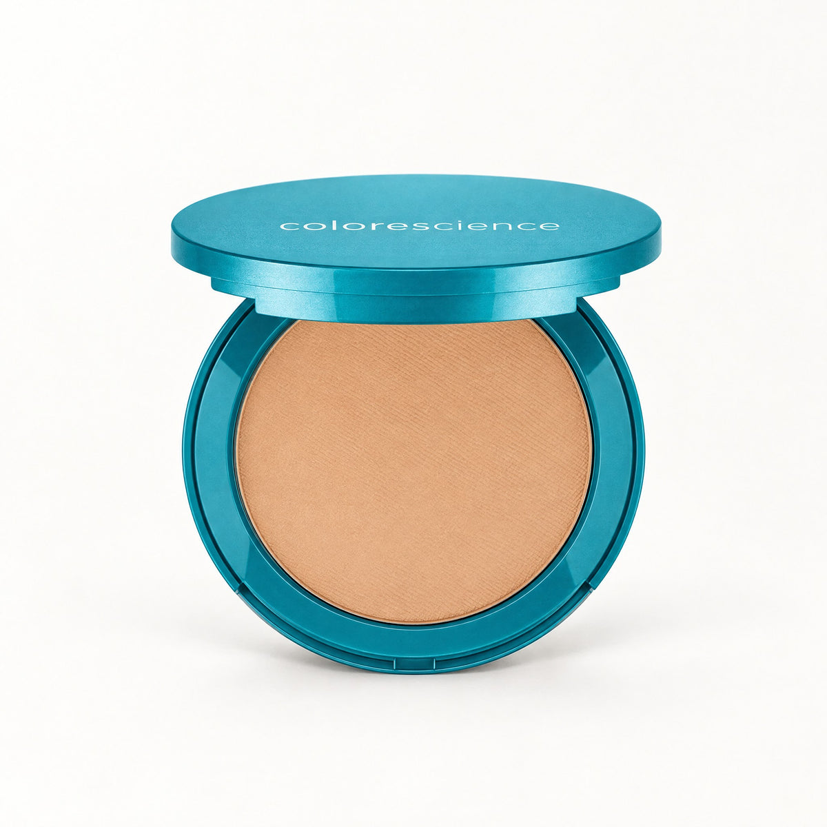 Polvo compacto tono medio abierto en estuche azul, Colorescience Natural Finish Mineral Foundation SPF 20