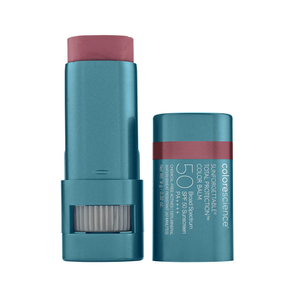 Bálsamo Colorescience Color Balm SPF 50 con color Berry y protección solar mineral.