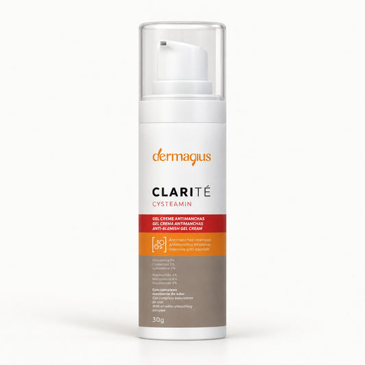 Frasco con bomba airless blanco con franjas roja y naranja, Dermagius Clarité Cysteamin gel crema 30 g
