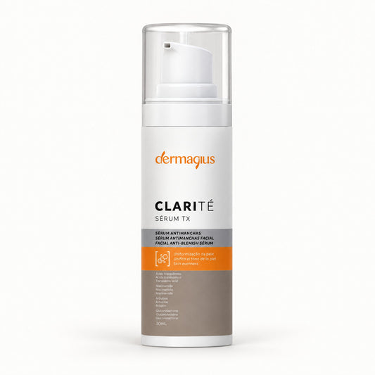 Frasco con bomba airless blanco y franja café, Dermagius Clarité Sérum TX antimanchas 30 mL
