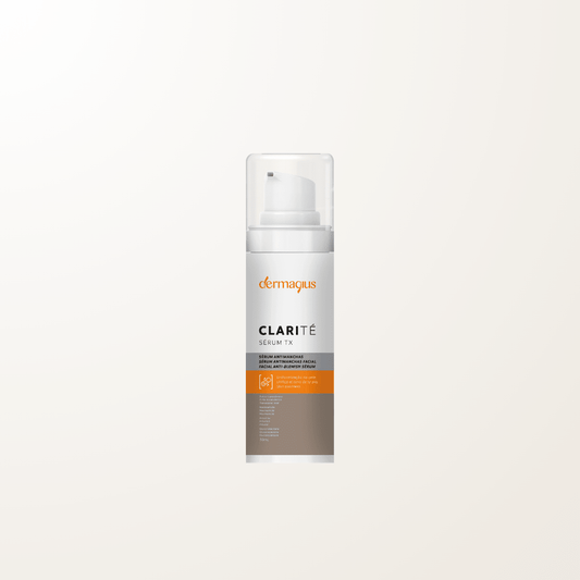 Frasco del Clarité Sérum TX Antimanchas de Dermagius, suero facial con ácido tranexámico, arbutina, gluconolactona y niacinamida para manchas e hiperpigmentación.