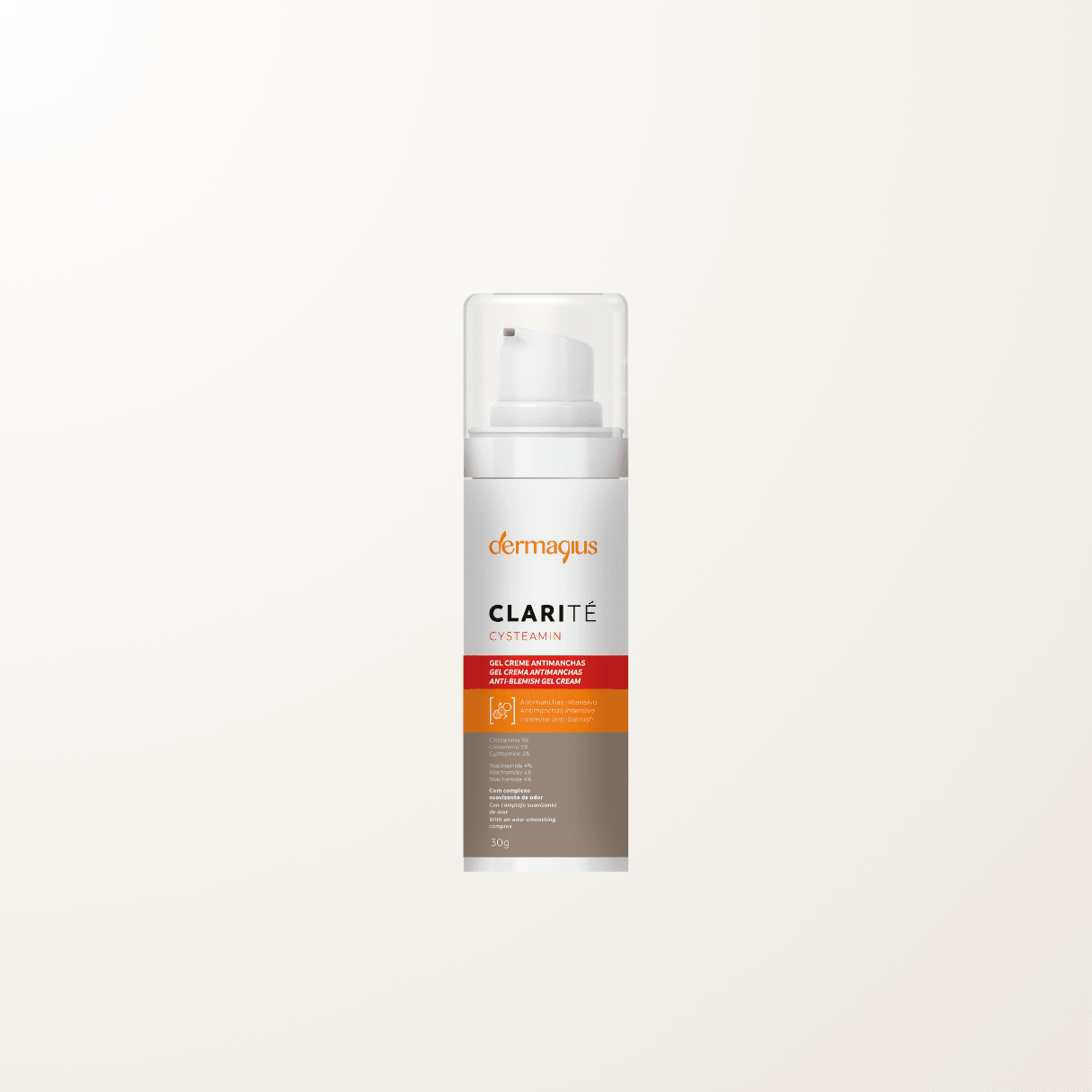 Tarro de Clarité Cysteamin Gel-Crema Antimanchas de Dermagius, tratamiento despigmentante con cisteamina al 5% para melasma e hiperpigmentación.