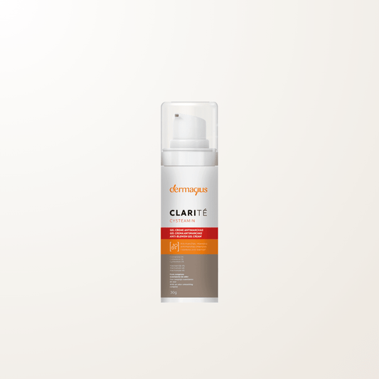 Tarro de Clarité Cysteamin Gel-Crema Antimanchas de Dermagius, tratamiento despigmentante con cisteamina al 5% para melasma e hiperpigmentación.