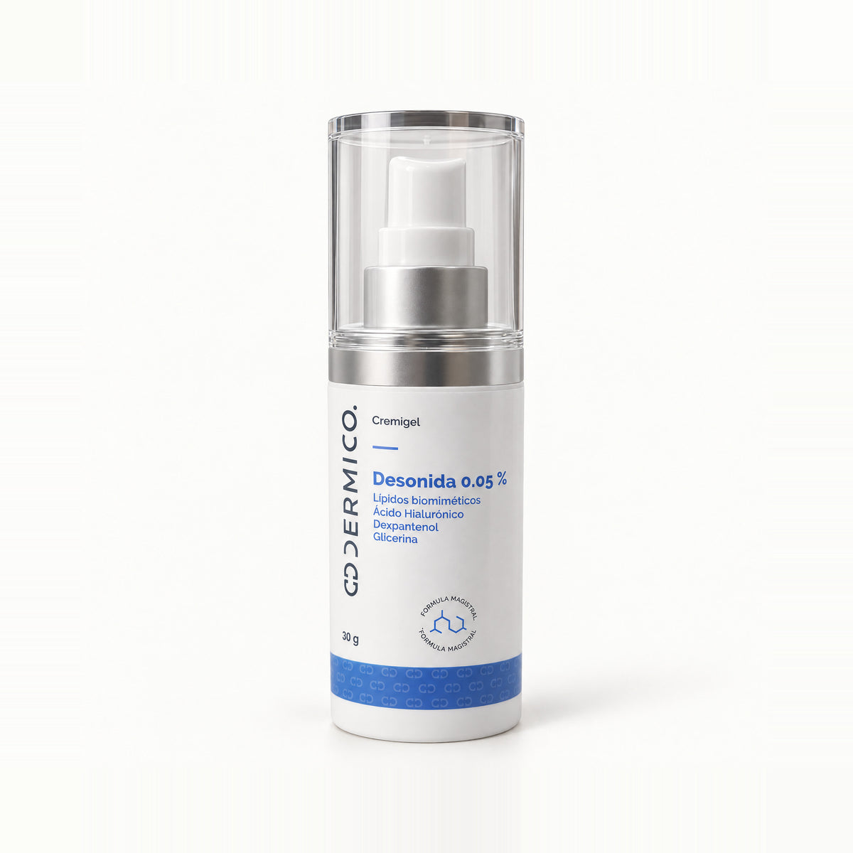 Dispensador con tapa transparente y banda azul, Desonida 0.05 % Cremigel de Dermico