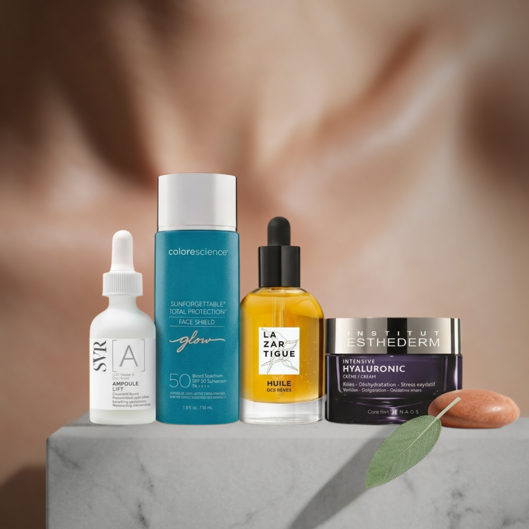 Selección de productos dermatológicos de alta gama incluyendo marcas como Institute Esthederm y SVR, curados por especialistas para protocolos personalizados.