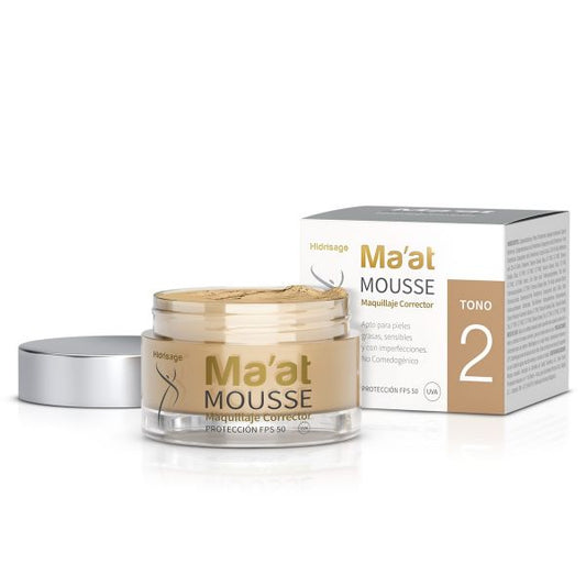 Maat Base de Maquillaje tono 2 SPF 50 de Hidrisage disponible en Elenederm. Base mate con alta cobertura, protección solar y formulada para piel sensible, grasa y con tendencia al acné.