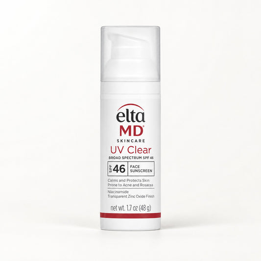 Frasco blanco con bomba y banda roja del protector solar EltaMD UV Clear SPF 46 de 48 g