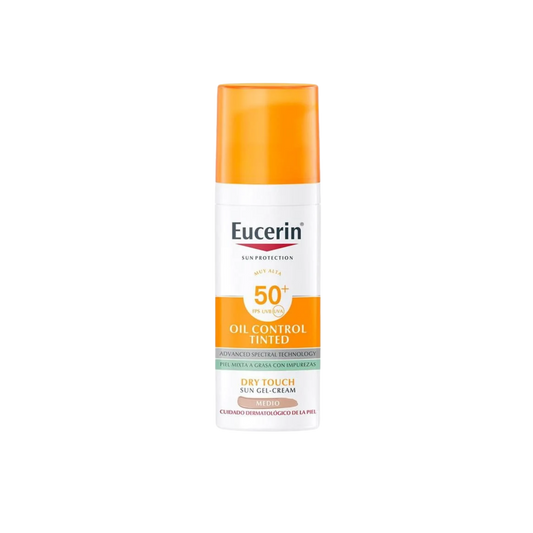 Eucerin Oil Control Tinted Medium SPF 50+, protector solar con color para pieles grasas y con acné.