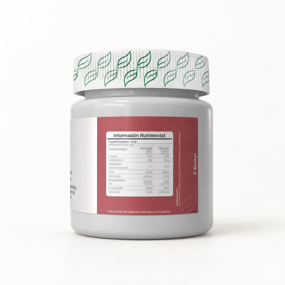 Parte trasera del frasco gris F-Boost con tapa de hojas verdes e informacion nutrimental