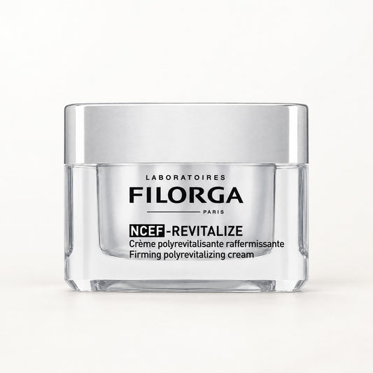 Tarro plateado transparente de Filorga NCEF-Revitalize, crema polirrevitalizante reafirmante