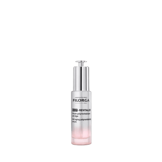 Sérum Filorga NCEF-REVITALIZE. Envase blanco y plateado con pipeta