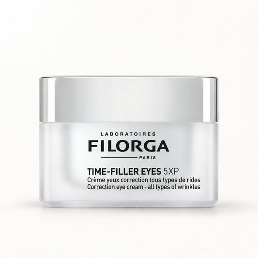 Tarro blanco con tapa plateada de la crema de contorno de ojos Filorga Time-Filler Eyes 5XP