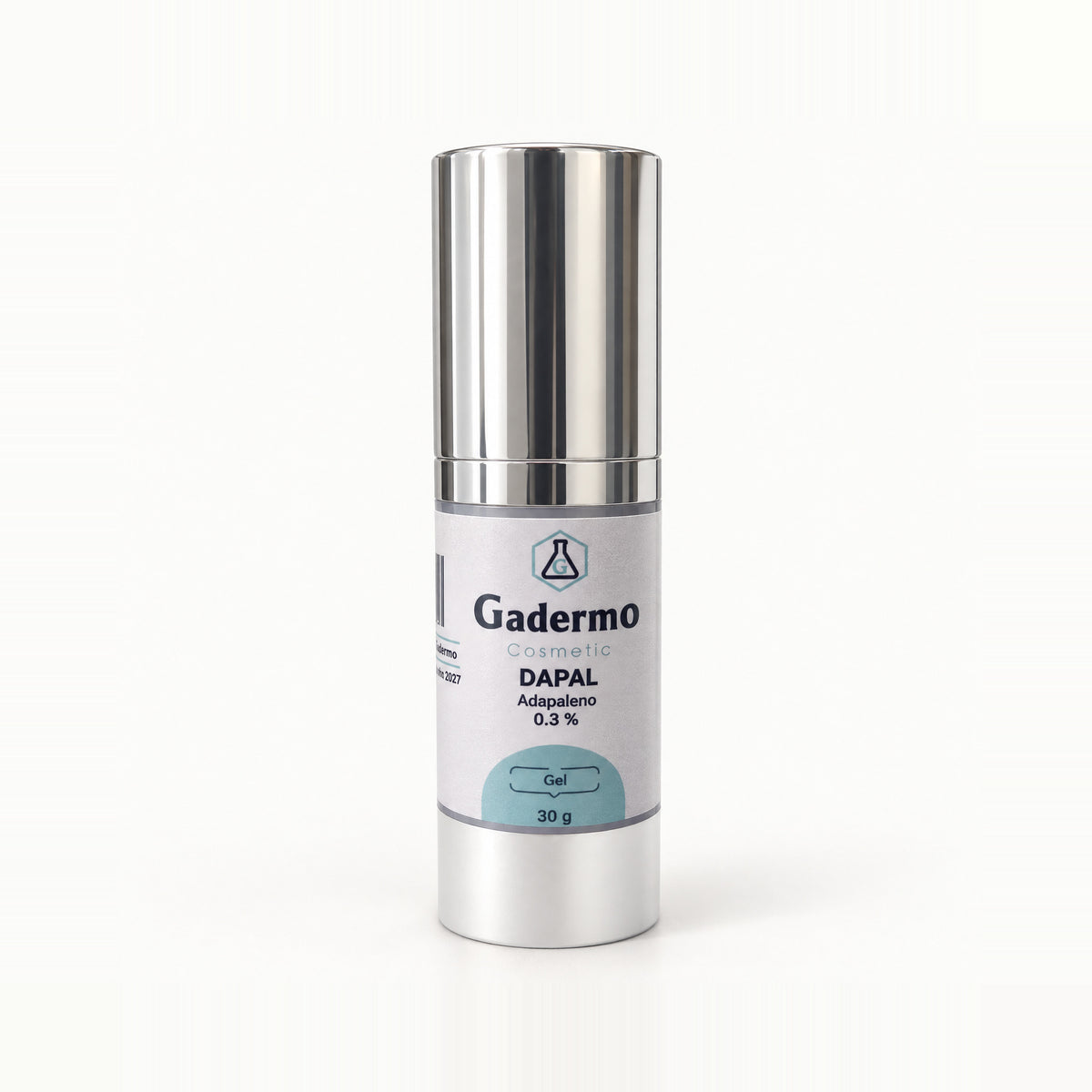 Frasco con tapa cromada y etiqueta gris azulada, Gadermo Dapal Adapaleno 0.3 % gel 30 g