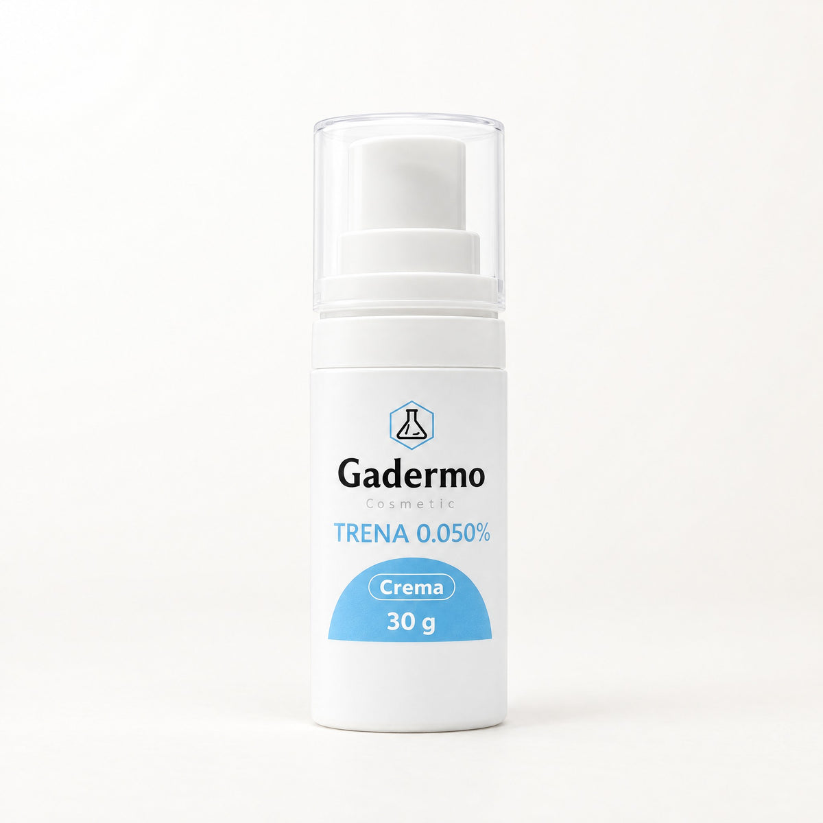 Frasco blanco con bomba y etiqueta azul de Trena 0.050% Crema con Tretinoína GADERMO 30 g