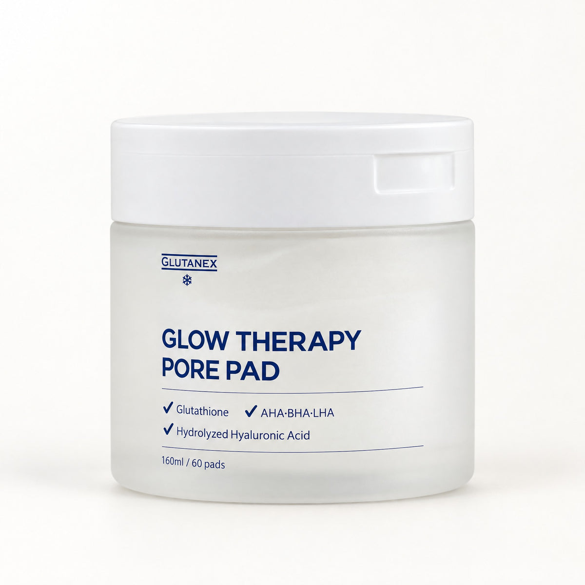 Frasco blanco esmerilado con tapa blanca y texto azul marino, Glutanex Glow Therapy Pore Pad