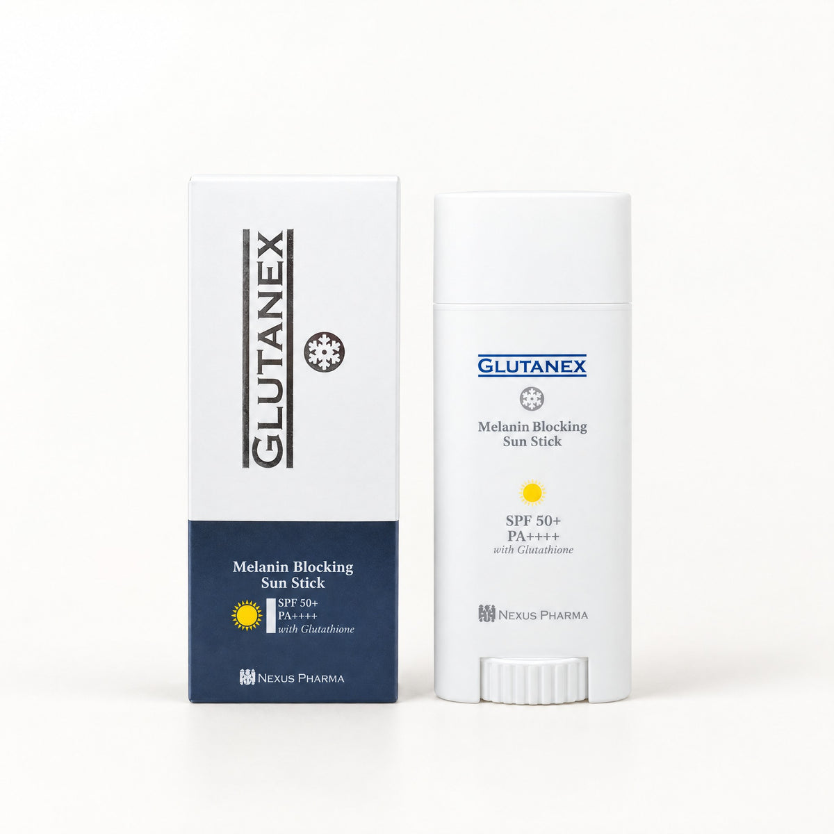 Caja blanca con franja azul marino y barra blanca de Glutanex Sun Stick SPF 50+ 30 g