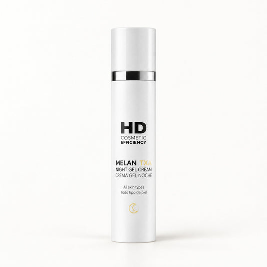 Frasco blanco cilíndrico con anillo plateado de la crema gel de noche HD Cosmetic Efficiency Melan TXA