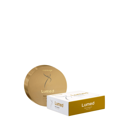 Lumed Base Compacta SPF 50 tono claro de Hidrisage disponible en Elenederm. Maquillaje con protección solar, cobertura ligera y acabado mate para piel normal a mixta.
