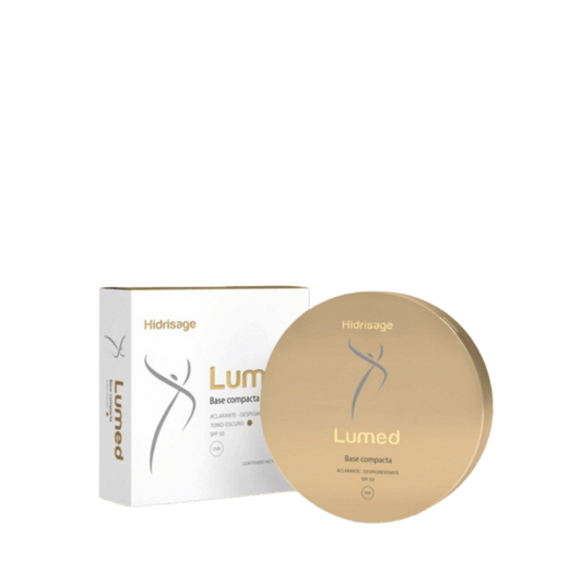 Lumed Base Compacta tono oscuro SPF 50 de Hidrisage disponible en Elenederm. Maquillaje con protección solar, cobertura ligera y acabado mate para piel normal a mixta.