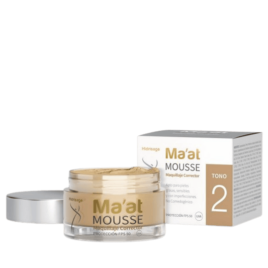 Maat Base de Maquillaje tono 2 SPF 50 de Hidrisage disponible en Elenederm. Base mate con alta cobertura, protección solar y formulada para piel sensible, grasa y con tendencia al acné.
