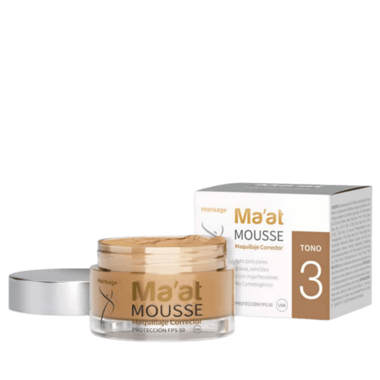 Maat Base de Maquillaje tono 3 SPF 50 de Hidrisage disponible en Elenederm. Base mate con alta cobertura, protección solar y formulada para piel sensible, grasa y con tendencia al acné.